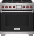Wolf 36&quot; 6 Burner Dual Fuel Range (DF36650/BK/P) featuring black accent colored door and signature red Wolf knobs.